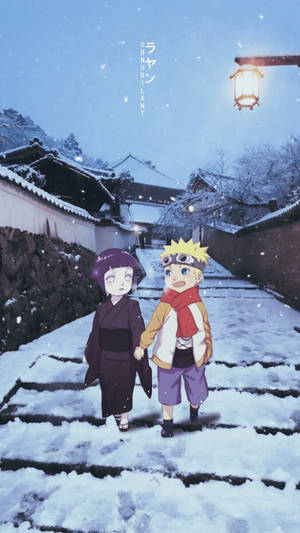 兩個動畫小孩在夜晚的燈籠下牽手走在雪中。