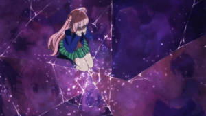 穿著校服的動漫女孩在星光下跪在發光的紫色碎裂表面上。