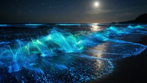 在明亮的月亮和星星下，夜晚發光的藍色海浪。 — 夢境 GIF 壁紙