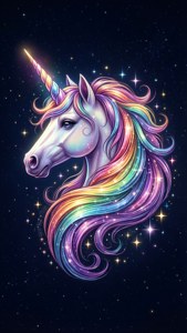 一隻發光的獨角獸，擁有彩虹鬃毛，在繁星點點的夜空下。