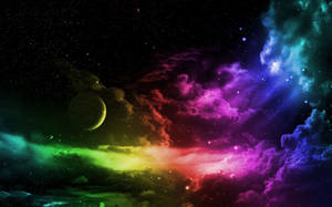 充滿活力的宇宙星雲，帶有旋轉的色彩和繁星點點的天空中一顆發光的行星。