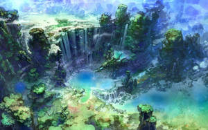 一個夢幻般的水彩場景，瀑布流入翠綠峽谷中一個發光的藍色水池。 — 奇幻 壁紙