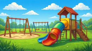 陽光明媚的公園裡，設有滑梯和鞦韆的色彩繽紛遊樂場。