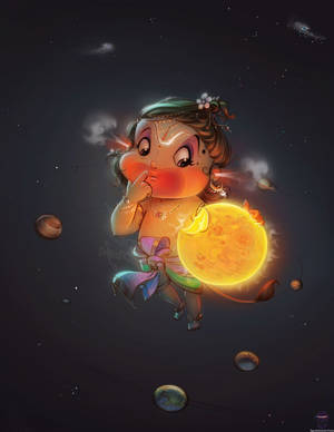 一個卡通神祇在太空中於行星和星星之間手持太陽。