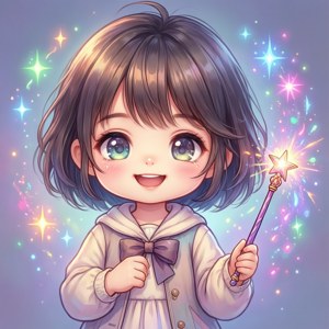 一個微笑的動漫女孩穿著連帽衫，拿著閃閃發光的星星魔杖，周圍環繞著五彩斑斕的閃光。