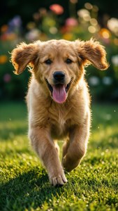 金毛尋回犬幼犬在綠色草地上伸出舌頭奔跑。