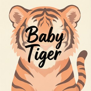 一隻小老虎的插圖，有橙色毛皮和黑色條紋，以及寫著「Baby Tiger」的文字