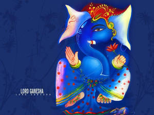 藍色插畫印度教神祇格涅沙手持紅色花朵，配有華麗王冠和圖案長袍。 — 藍色 壁紙