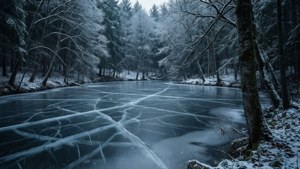 冬季森林中，被白雪覆蓋的樹木環繞的結冰河流，帶有冰裂紋
