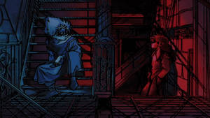兩個動漫角色在黑暗的工業樓梯間，帶有藍色和紅色燈光。