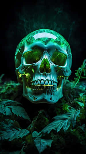 發光的綠色頭骨，表面有裂紋，被深色樹葉環繞，營造神秘氛圍。 — 鬼滅之刃面具 壁紙