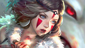 動漫女戰士，面上有紅色顏料，身穿白色毛皮盔甲，喺神秘環境中