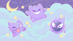 三個紫色卡通鬼魂在佈滿星星的夜空與雲朵中漂浮。 — 月亮 壁紙