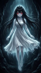 一個穿著白色連衣裙的發光紅眼動漫幽靈女孩漂浮在黑暗的洞穴中。