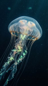 一隻發光的水母，長長的觸手在黑暗的海水中漂流
