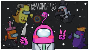 Among Us角色穿著太空衣，手持武器和和平手勢擺姿勢。