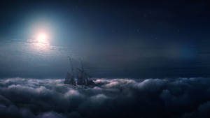 帆船在明亮的月亮和星星下航行在雲層之上