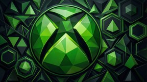 一個由幾何碎片製成的綠色Xbox標誌，周圍環繞著深色六邊形和三角形形狀。