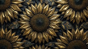 金色幾何向日葵，在深色背景上帶有銳利切面。