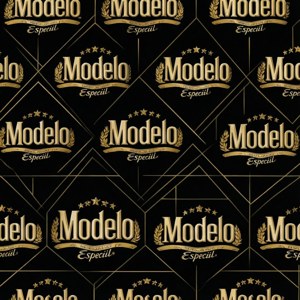 金色Modelo Especial啤酒標誌圖案，黑色背景，幾何設計。