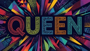 從華麗的QUEEN文字中輻射出大膽多彩的幾何圖案。 — 女王 GIF 壁紙