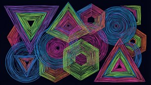 在黑暗背景上帶有同心線條的霓虹發光幾何形狀。