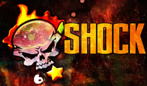 帶有星系在內的骷髏，被火焰和星星包圍，並帶有「SHOCK」字樣。