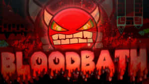 紅色卡通魔鬼面孔，帶有發光眼睛，位於滴血文字「BLOODBATH」上方。 — 鬼滅之刃面具 壁紙
