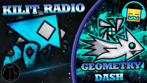 Geometry Dash 和 Kilt Radio 標誌，帶有風格化的魚和太空船，背景為宇宙。 — 電腦 GIF 壁紙