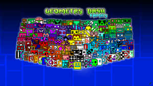 Geometry Dash Family 角色在藍色背景上排列成鍵盤形狀。