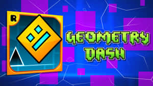 Geometry Dash 遊戲標誌，帶有霓虹綠色文字和幾何形狀，背景色彩繽紛。