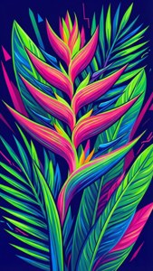 螢光粉紅和綠色熱帶花朵，帶有電光藍葉子，在深色背景上。