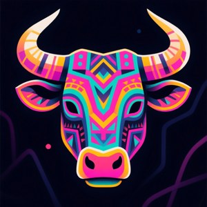 一個風格化的公牛，帶有霓虹幾何圖案和發光的角，在黑暗的背景上。