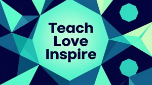 幾何青綠色和藍色背景上的 Teach Love Inspire 文字