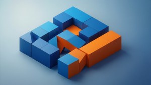 漸變背景上藍色和橙色立方體的抽象3D拼圖