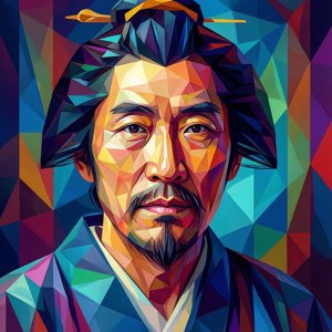 一個彩色幾何肖像，描繪一位留鬍鬚的亞洲男子穿著傳統服裝。