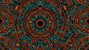 對稱的橙色和藍綠色幾何曼陀羅圖案，帶有部落圖案。