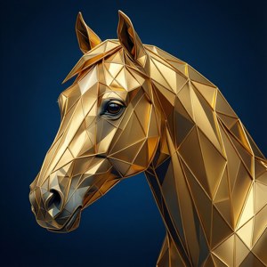 金色幾何馬頭肖像，背景為深藍色。