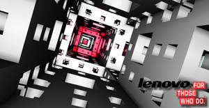黑白幾何隧道，帶有紅色中心和 Lenovo 標誌。