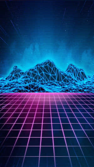 霓虹網格地板與發光藍色山脈，在星空夜空下。