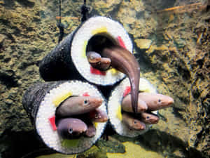 鰻魚從水族館水中的巨型壽司卷中出現。 — 河景 壁紙