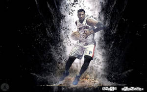 身穿活塞隊球衣的 Andre Drummond 在運籃球時衝破黑暗碎片。 — 阿特蘭大鷹隊 壁紙