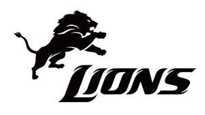黑白標誌，包含一隻跳躍的獅子，下方有「LIONS」字樣。