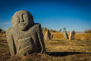刻有面孔的石像，位於乾燥草地和藍天下。 — 建築 壁紙