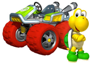 黃色庫巴龜角色站在綠色和紅色高卡車旁邊。 — 火影忍者海報 壁紙