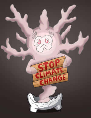 粉紅色珊瑚Pokémon舉起抗議氣候變化嘅標語牌。
