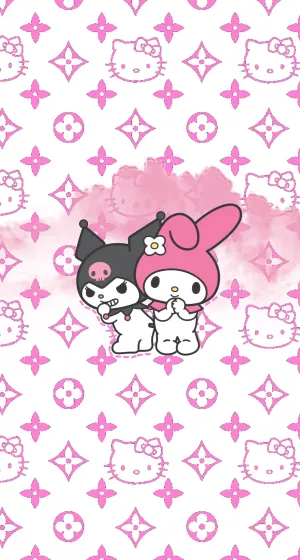 Kuromi和My Melody角色在粉紅色Hello Kitty圖案背景上。