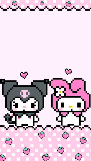 Kuromi 和 My Melody 的像素藝術，背景為粉紅色格仔，配有草莓。