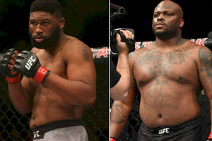 兩名身穿UFC裝備的男性MMA拳手在八角籠內擺姿勢。