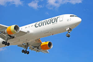 Condor波音777-300飛機放下起落架，在藍天中攀升。 — 藍天 壁紙